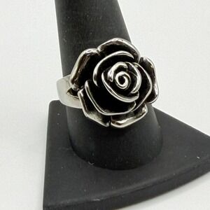 Silver Tone Rose Flower Ring Size 10 Sculpted Floral Design